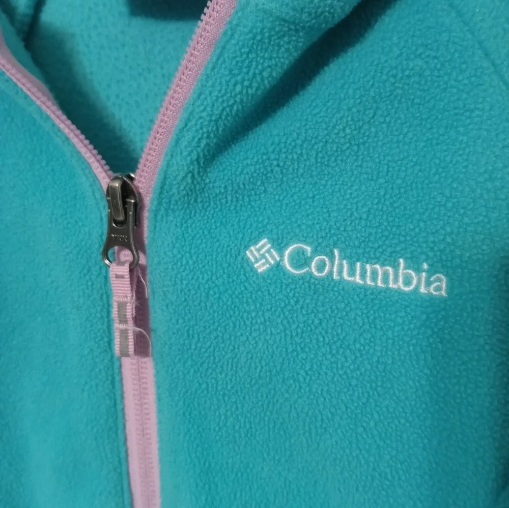 Columbia Girl's 2T Full Zip Aqua w pink trim long sleeve hooded fleece jacket